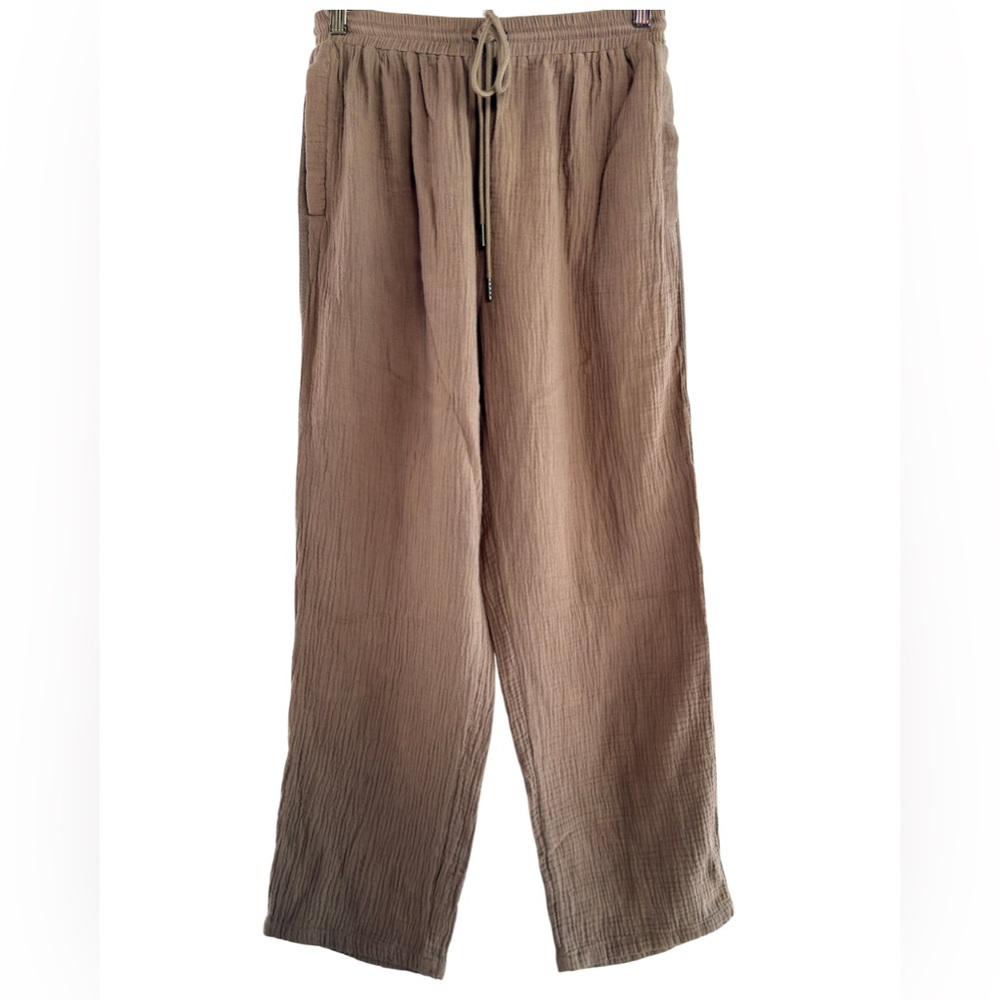 Cotton Bleu Gauze Pants Small Taupe Wide Leg Pull On
